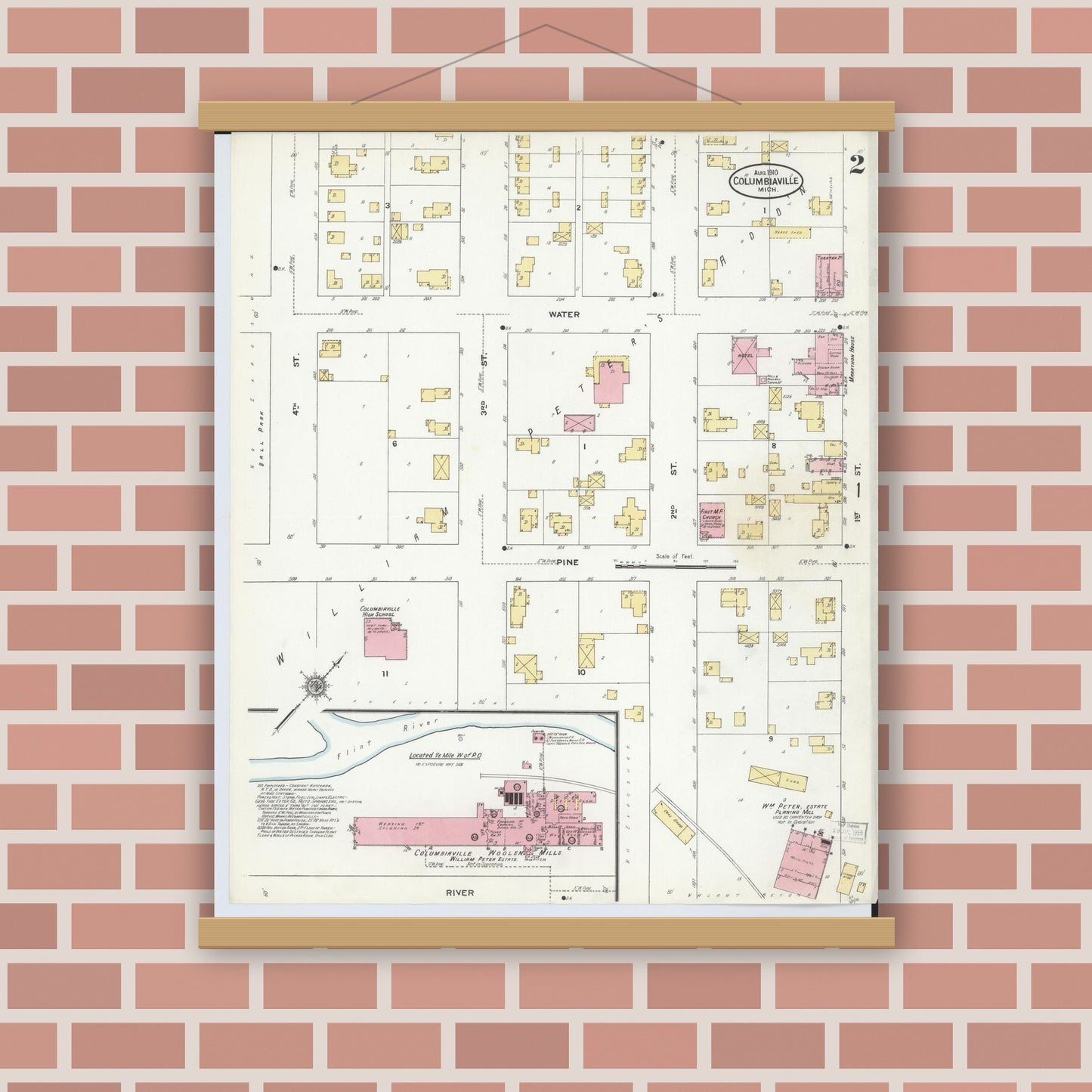 Old map wall art mockup — magnetic wood frame on brick wall — Sanborn Fire Insurance Map from Columbiaville, Lapeer County, Michigan (1910), Sheet #0002