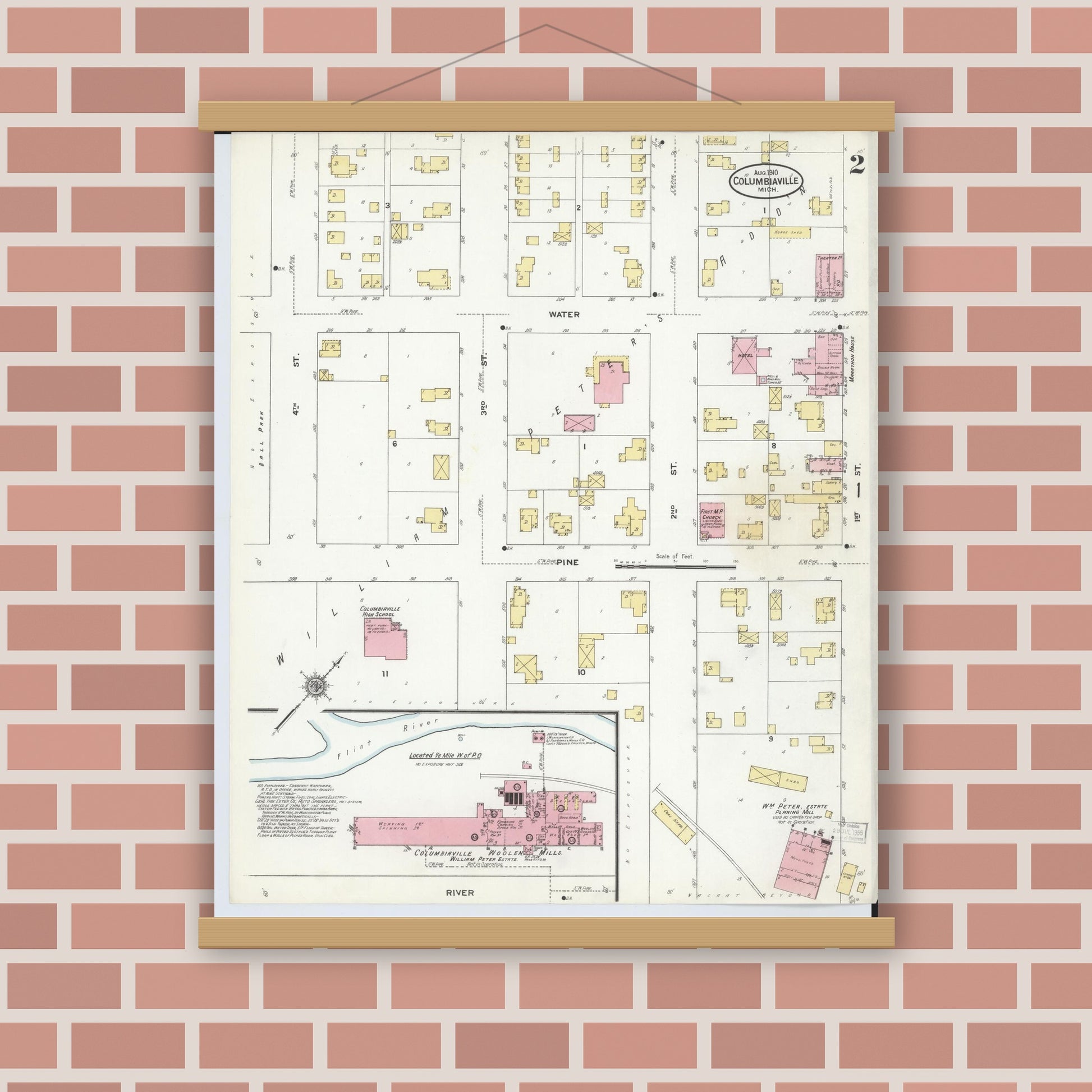 Old map wall art mockup — magnetic wood frame on brick wall — Sanborn Fire Insurance Map from Columbiaville, Lapeer County, Michigan (1910), Sheet #0002