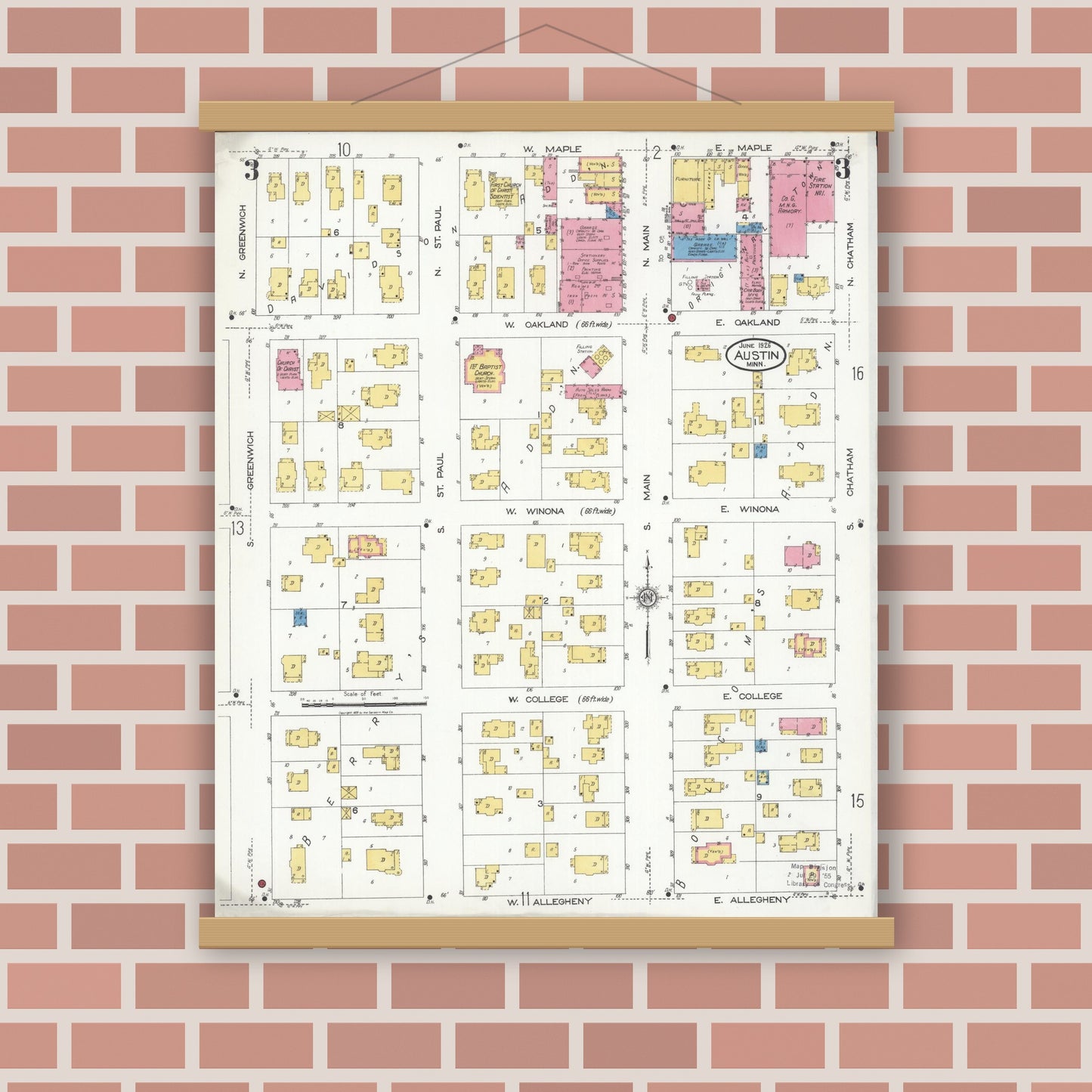 Old map wall art mockup — magnetic wood frame on brick wall — Sanborn Fire Insurance Map from Austin, Mower County, Minnesota (1926), Sheet #0003