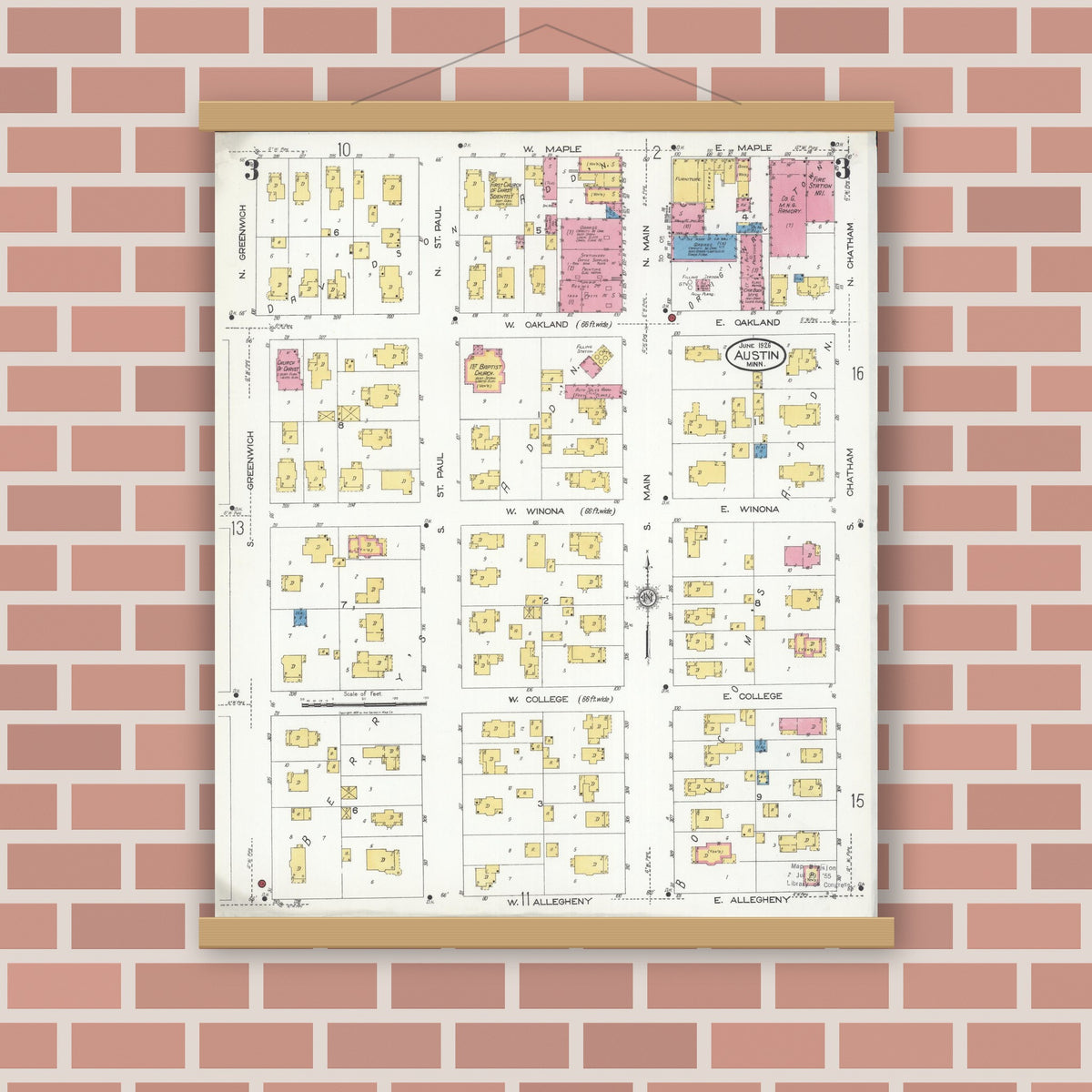 Old map wall art mockup — magnetic wood frame on brick wall — Sanborn Fire Insurance Map from Austin, Mower County, Minnesota (1926), Sheet #0003