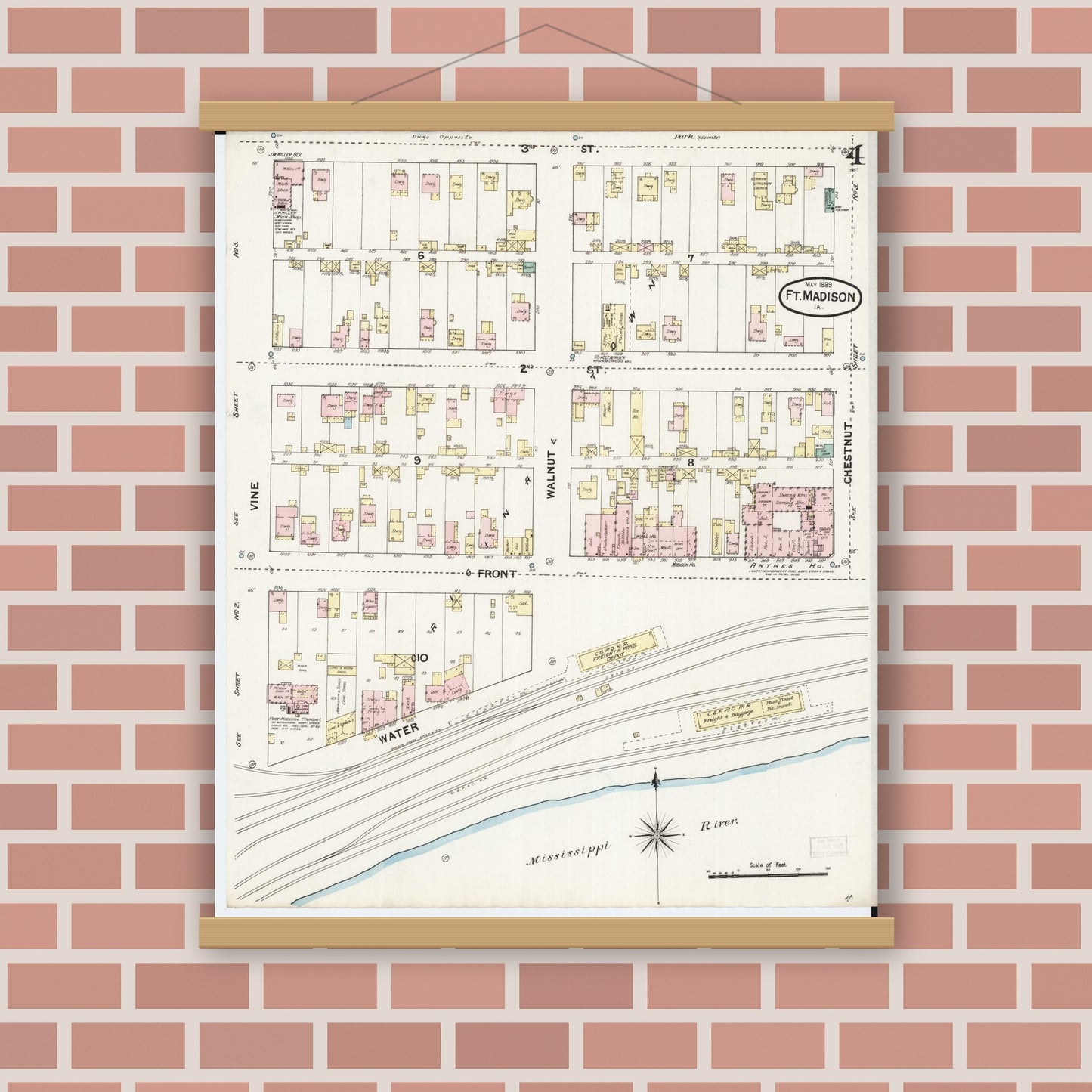 Old map wall art mockup — magnetic wood frame on brick wall — Sanborn Fire Insurance Map from Fort Madison, Lee County, Iowa (1889), Sheet #0004