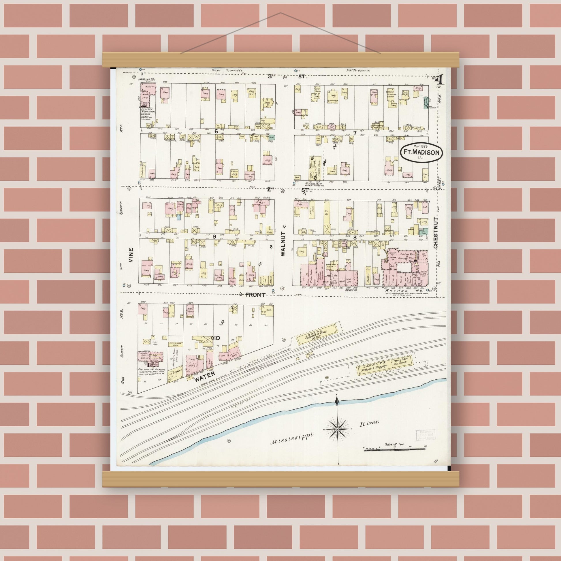 Old map wall art mockup — magnetic wood frame on brick wall — Sanborn Fire Insurance Map from Fort Madison, Lee County, Iowa (1889), Sheet #0004