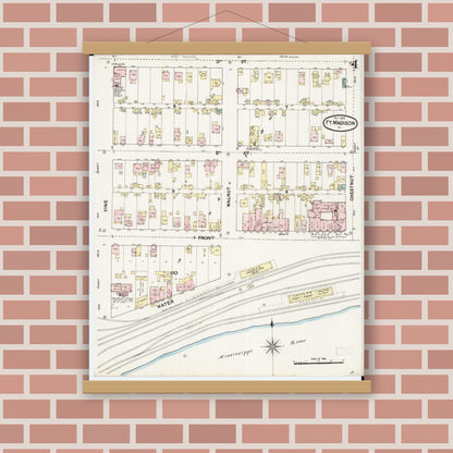 Old map wall art mockup — magnetic wood frame on brick wall — Sanborn Fire Insurance Map from Fort Madison, Lee County, Iowa (1889), Sheet #0004
