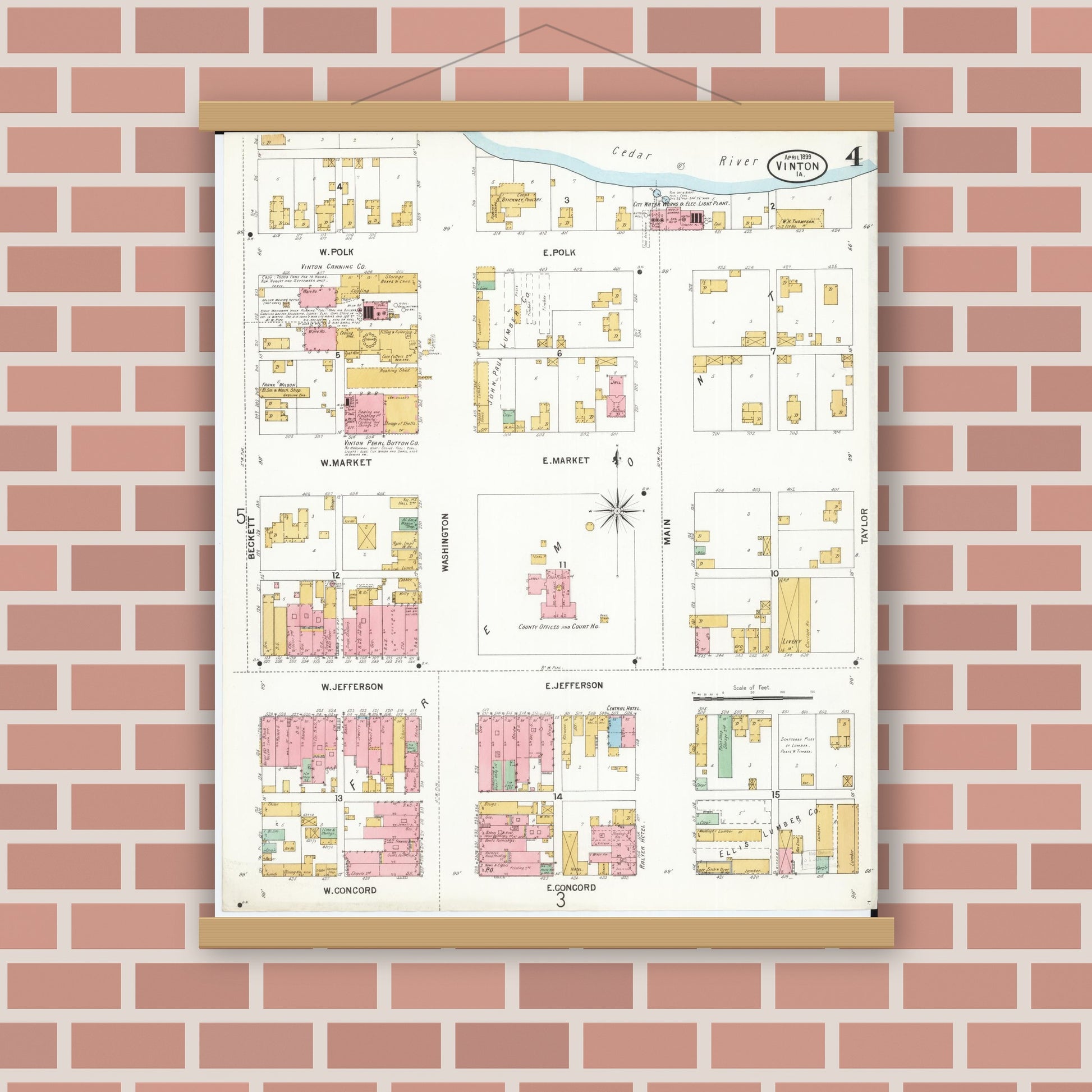 Old map wall art mockup — magnetic wood frame on brick wall — Sanborn Fire Insurance Map from Vinton, Benton County, Iowa (1899), Sheet #0004