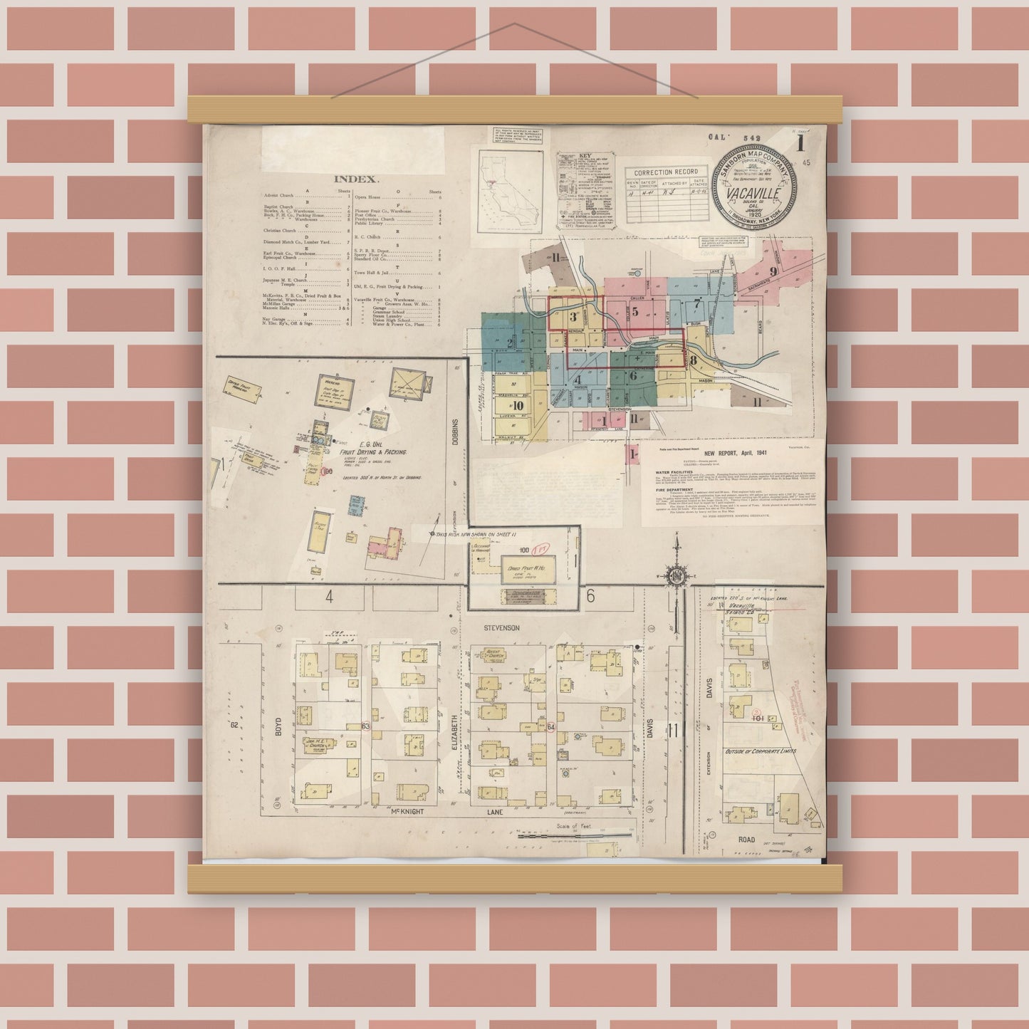 Old map wall art mockup — magnetic wood frame on brick wall — Sanborn Fire Insurance Map from Vacaville, Solano County, California (1941) - Complete Map Set