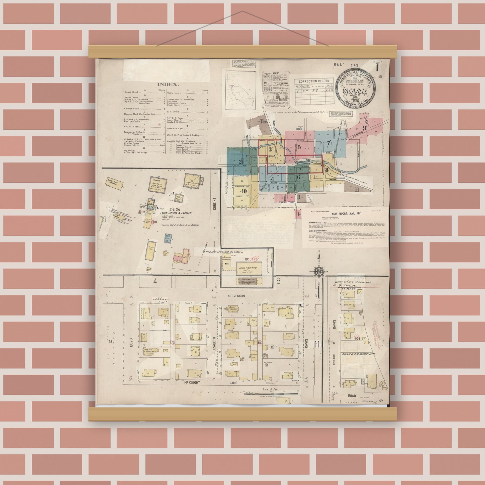 Old map wall art mockup — magnetic wood frame on brick wall — Sanborn Fire Insurance Map from Vacaville, Solano County, California (1941) - Complete Map Set