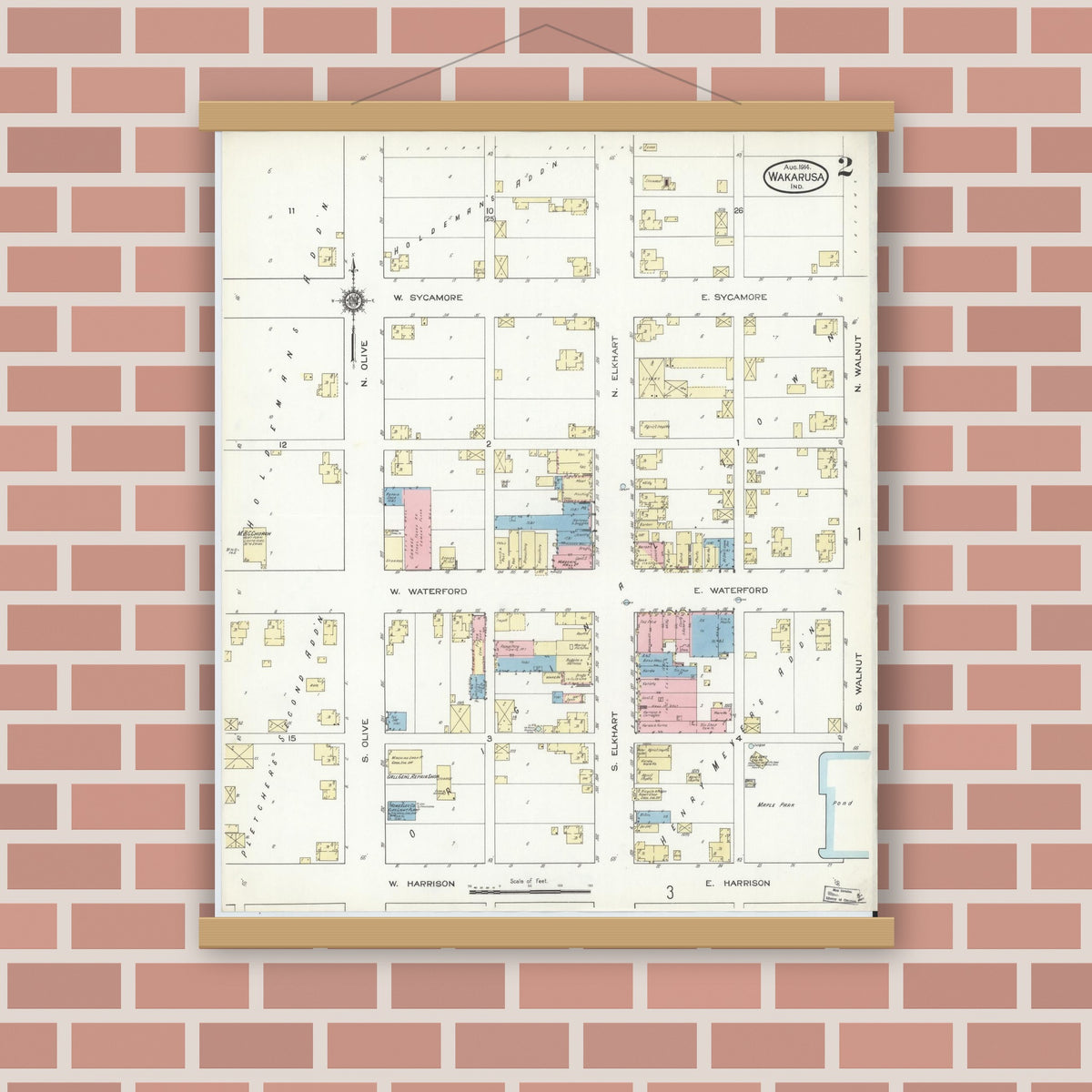 Old map wall art mockup — magnetic wood frame on brick wall — Sanborn Fire Insurance Map from Wakarusa, Elkhart County, Indiana (1914), Sheet #0002