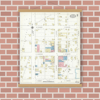 Old map wall art mockup — magnetic wood frame on brick wall — Sanborn Fire Insurance Map from Wakarusa, Elkhart County, Indiana (1914), Sheet #0002