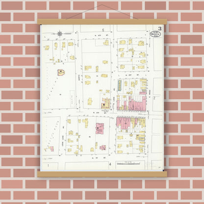 Old map wall art mockup — magnetic wood frame on brick wall — Sanborn Fire Insurance Map from Waseca, Waseca County, Minnesota (1910), Sheet #0003