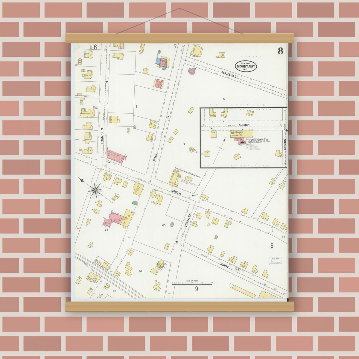 Old map wall art mockup — magnetic wood frame on brick wall — Sanborn Fire Insurance Map from Mount Airy, Surry County, North Carolina (1905), Sheet #0008