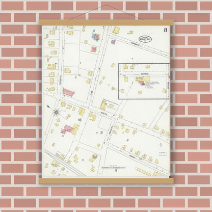 Old map wall art mockup — magnetic wood frame on brick wall — Sanborn Fire Insurance Map from Mount Airy, Surry County, North Carolina (1905), Sheet #0008