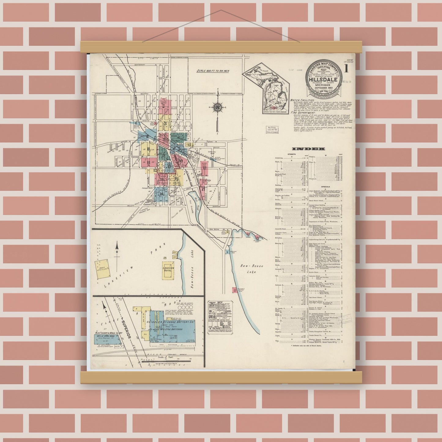 Old map wall art mockup — magnetic wood frame on brick wall — Sanborn Fire Insurance Map from Hillsdale, Hillsdale County, Michigan (1922) - Complete Map Set