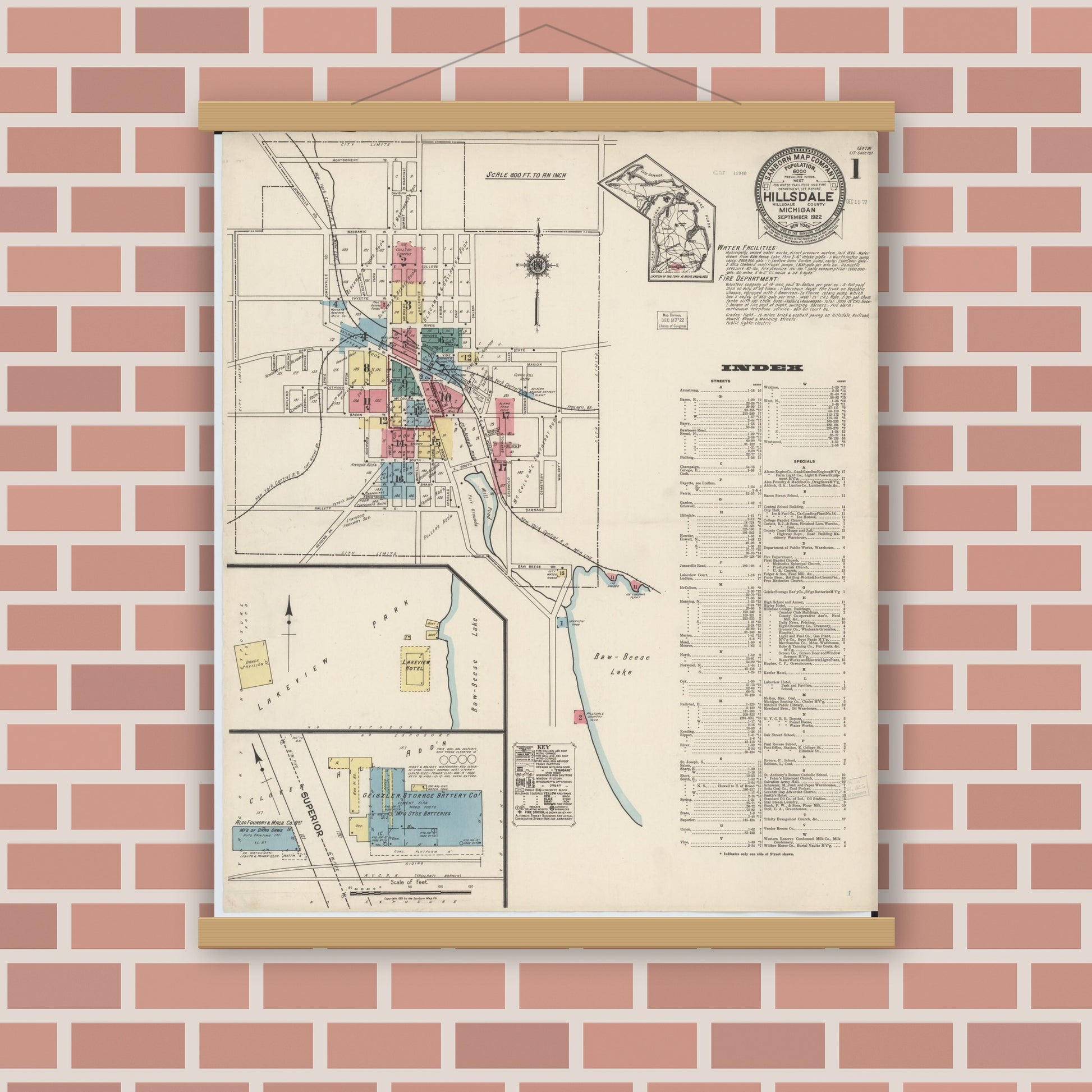 Old map wall art mockup — magnetic wood frame on brick wall — Sanborn Fire Insurance Map from Hillsdale, Hillsdale County, Michigan (1922) - Complete Map Set