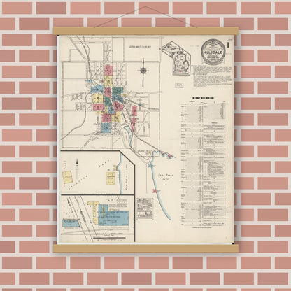 Old map wall art mockup — magnetic wood frame on brick wall — Sanborn Fire Insurance Map from Hillsdale, Hillsdale County, Michigan (1922) - Complete Map Set