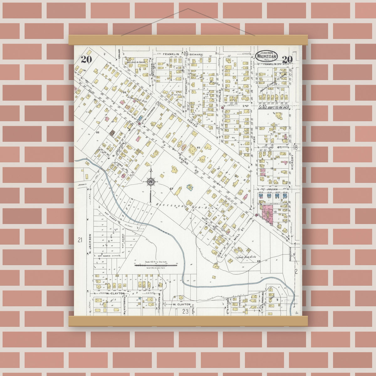 Old map wall art mockup — magnetic wood frame on brick wall — Sanborn Fire Insurance Map from Waukegan, Lake County, Illinois (1924), Sheet #0020