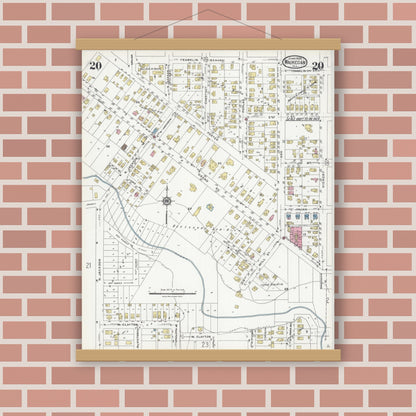 Old map wall art mockup — magnetic wood frame on brick wall — Sanborn Fire Insurance Map from Waukegan, Lake County, Illinois (1924), Sheet #0020