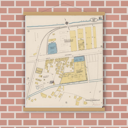 Old map wall art mockup — magnetic wood frame on brick wall — Sanborn Fire Insurance Map from Hilo, Hawaii County, Hawaii (1921), Sheet #0016
