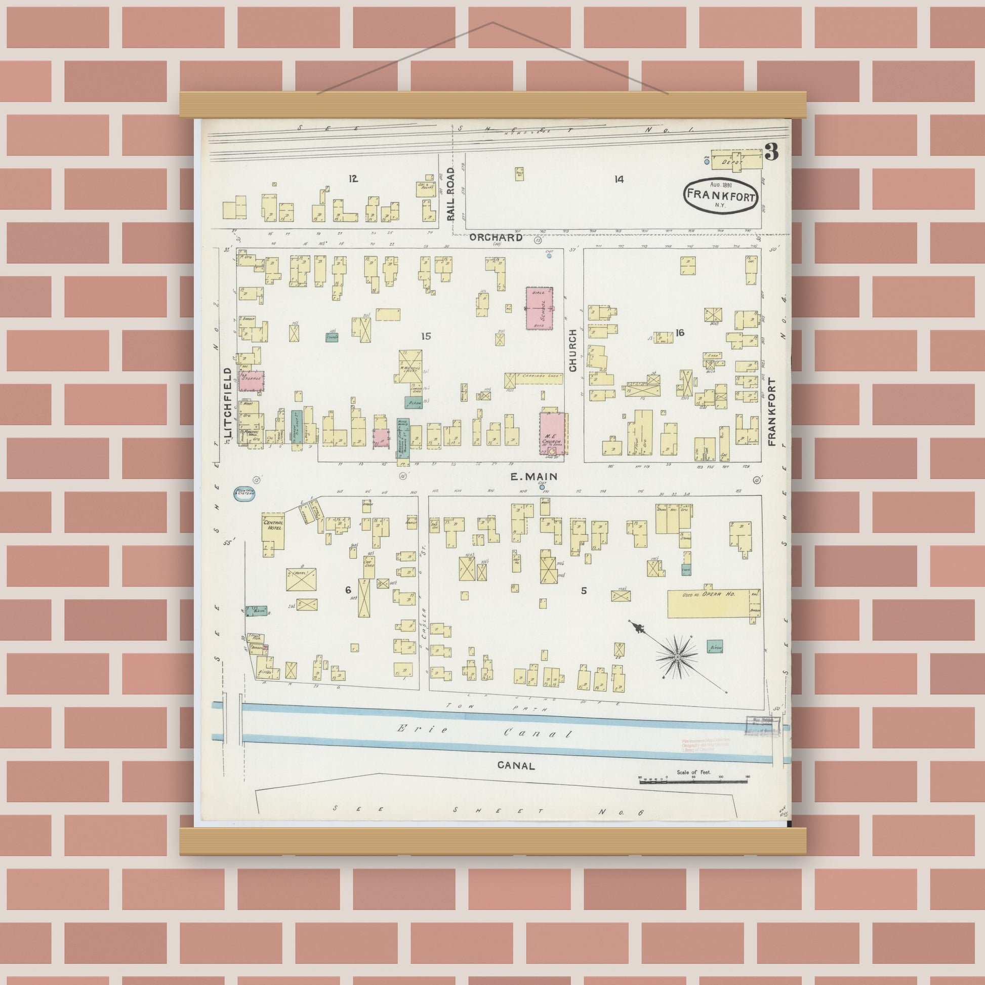 Old map wall art mockup — magnetic wood frame on brick wall — Sanborn Fire Insurance Map from Frankfort, Herkimer County, New York (1891), Sheet #0003