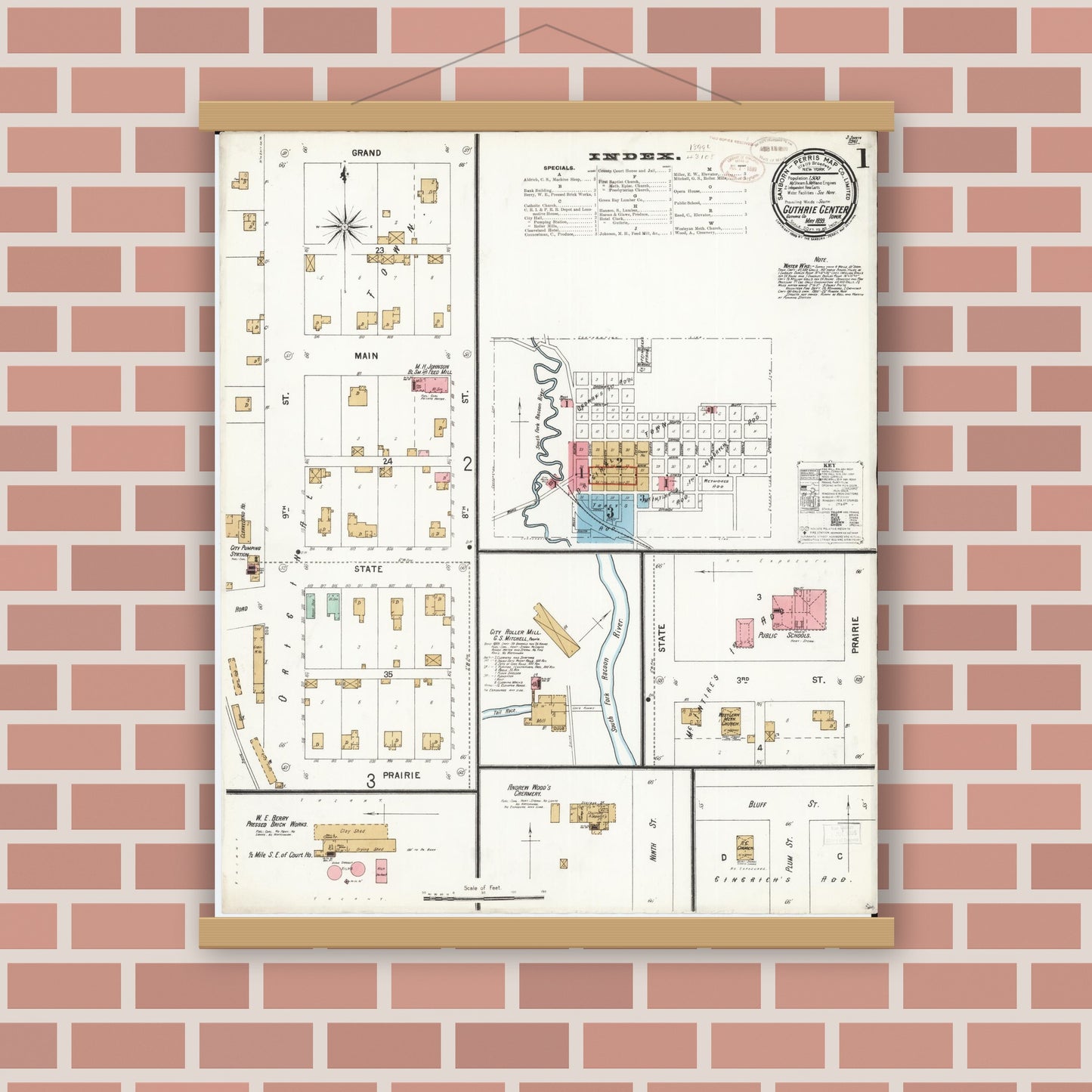 Old map wall art mockup — magnetic wood frame on brick wall — Sanborn Fire Insurance Map from Guthrie Center, Guthrie County, Iowa (1899) â€” Complete Set