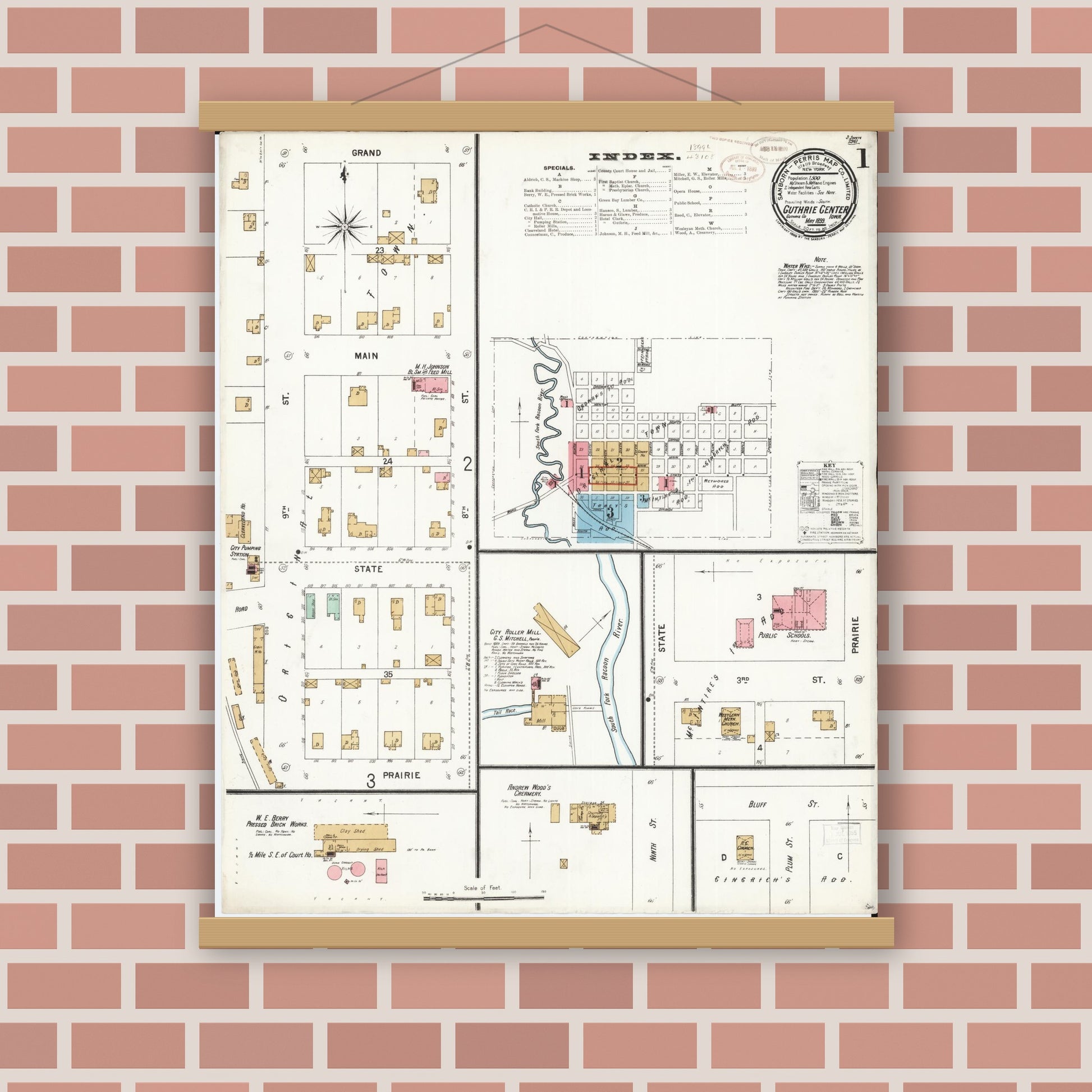 Old map wall art mockup — magnetic wood frame on brick wall — Sanborn Fire Insurance Map from Guthrie Center, Guthrie County, Iowa (1899) â€” Complete Set