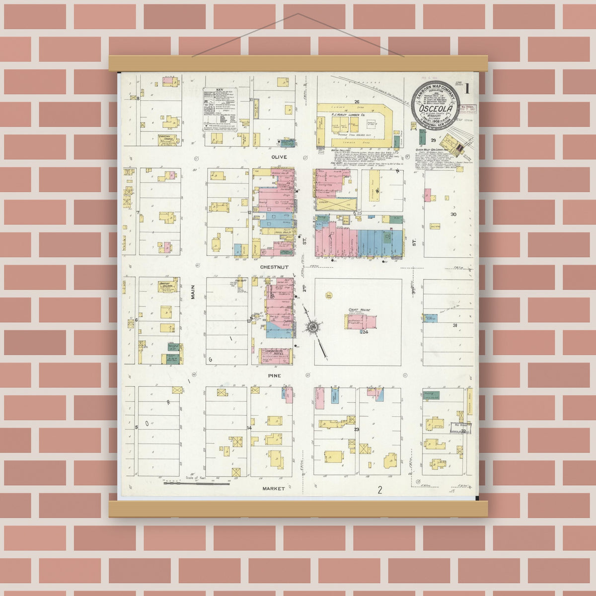 Old map wall art mockup — magnetic wood frame on brick wall — Sanborn Fire Insurance Map from Osceola, Saint Clair County, Missouri (1909) - Complete Map Set