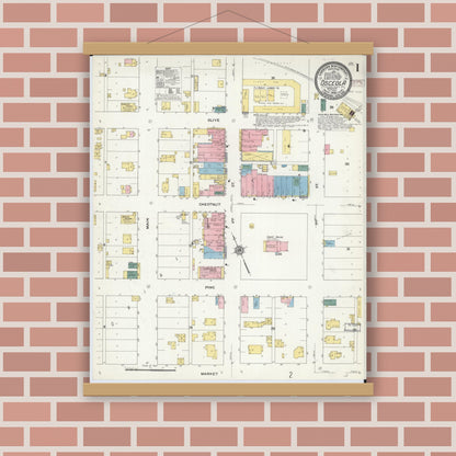 Old map wall art mockup — magnetic wood frame on brick wall — Sanborn Fire Insurance Map from Osceola, Saint Clair County, Missouri (1909) - Complete Map Set