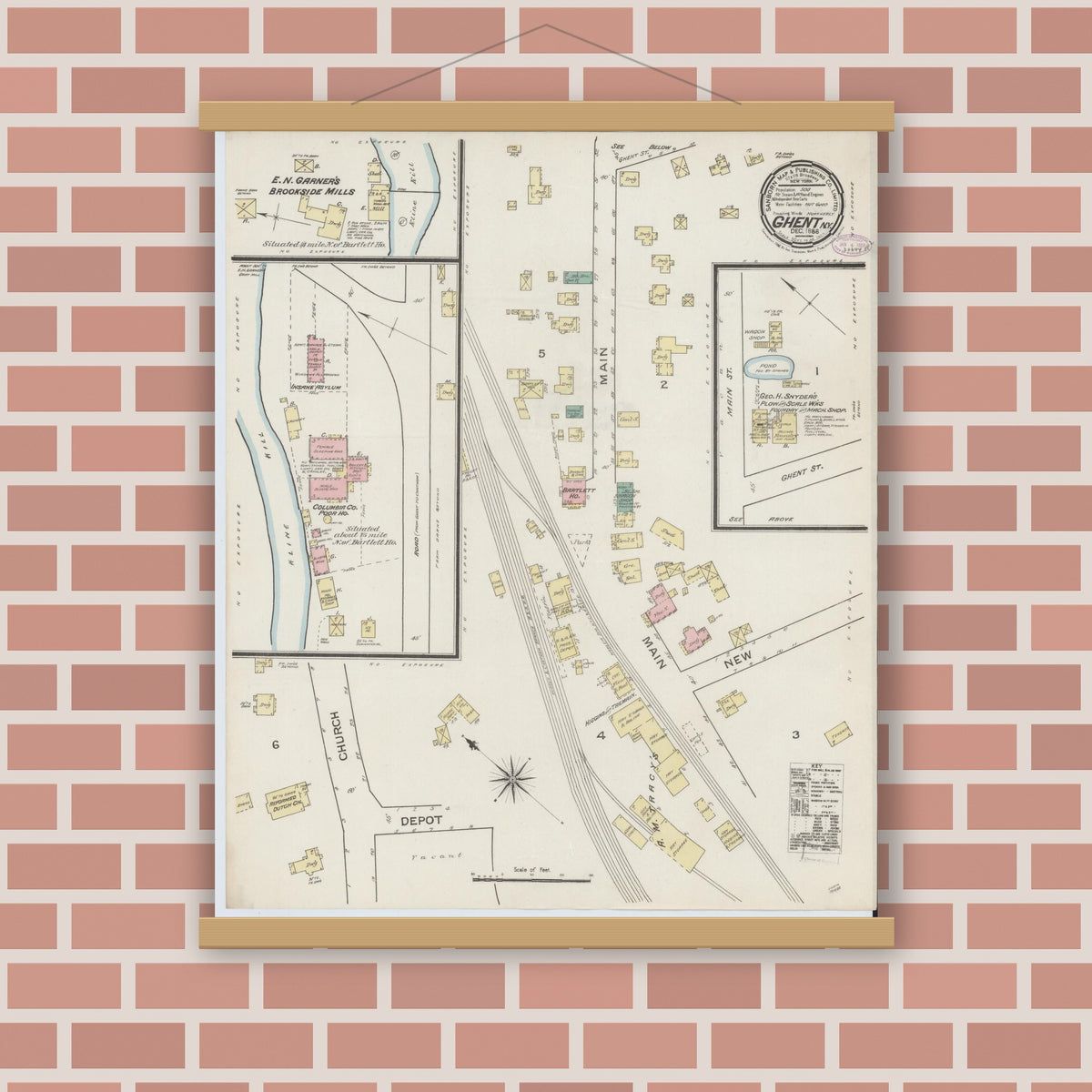 Old map wall art mockup — magnetic wood frame on brick wall — Sanborn Fire Insurance Map from Ghent, Columbia County, New York (1886), Sheet #0001