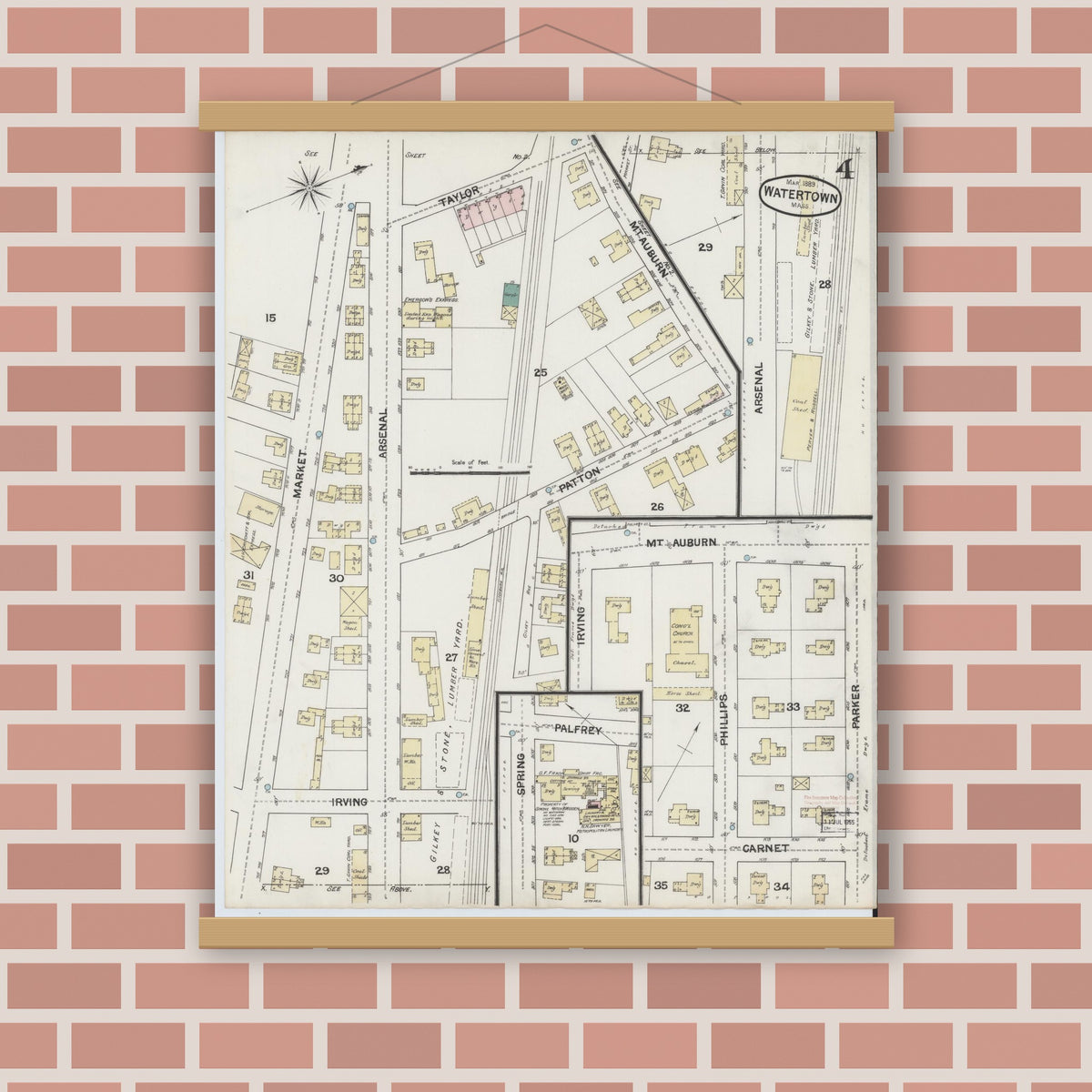 Old map wall art mockup — magnetic wood frame on brick wall — Sanborn Fire Insurance Map from Watertown, Middlesex County, Massachusetts (1889), Sheet #0004