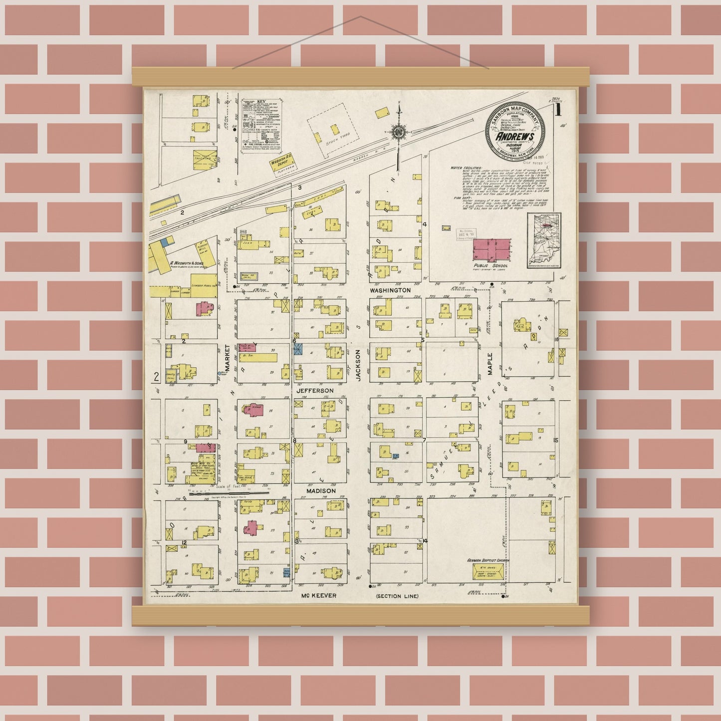 Old map wall art mockup — magnetic wood frame on brick wall — Sanborn Fire Insurance Map from Andrews, Huntington County, Indiana (1919), Sheet #0001