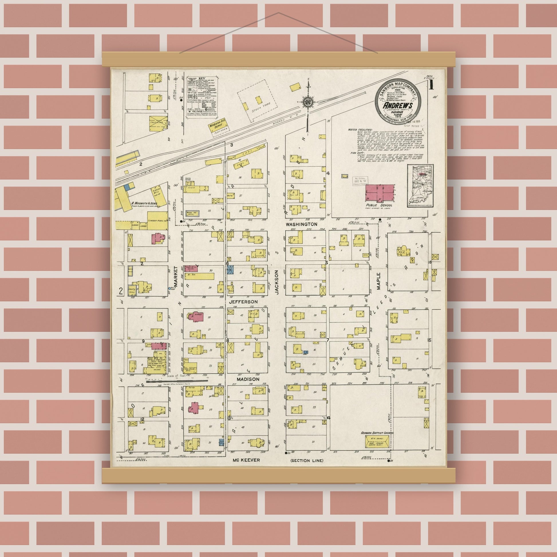 Old map wall art mockup — magnetic wood frame on brick wall — Sanborn Fire Insurance Map from Andrews, Huntington County, Indiana (1919), Sheet #0001