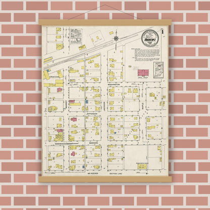 Old map wall art mockup — magnetic wood frame on brick wall — Sanborn Fire Insurance Map from Andrews, Huntington County, Indiana (1919), Sheet #0001