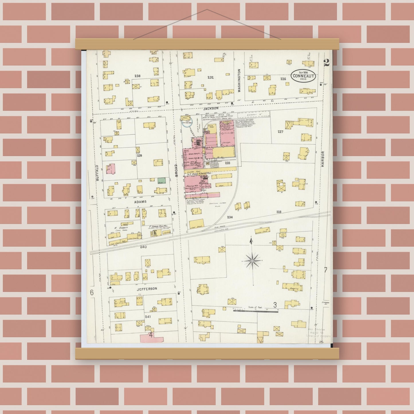 Old map wall art mockup — magnetic wood frame on brick wall — Sanborn Fire Insurance Map from Conneaut, Ashtabula County, Ohio (1898), Sheet #0002