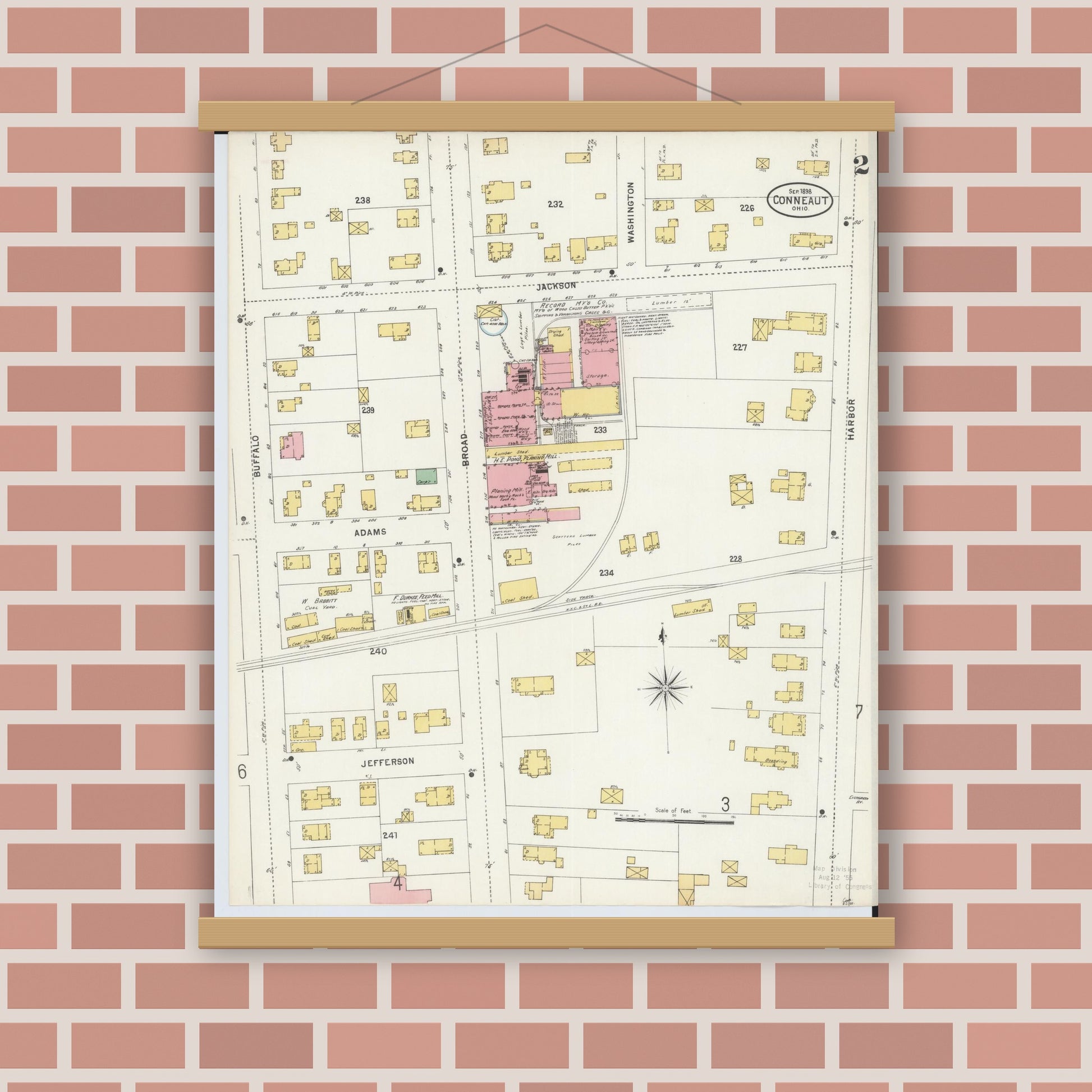 Old map wall art mockup — magnetic wood frame on brick wall — Sanborn Fire Insurance Map from Conneaut, Ashtabula County, Ohio (1898), Sheet #0002