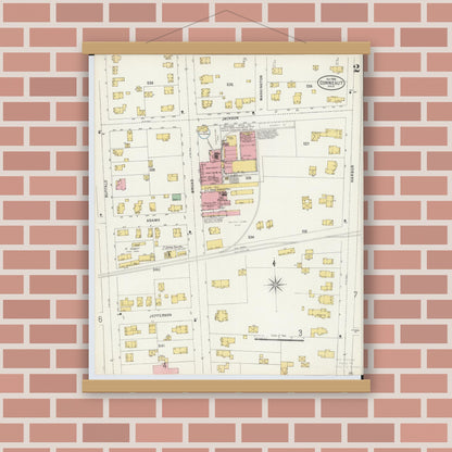Old map wall art mockup — magnetic wood frame on brick wall — Sanborn Fire Insurance Map from Conneaut, Ashtabula County, Ohio (1898), Sheet #0002