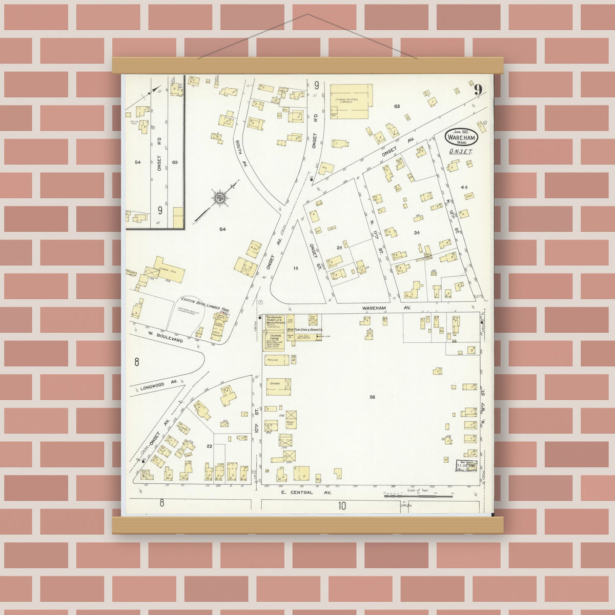 Old map wall art mockup — magnetic wood frame on brick wall — Sanborn Fire Insurance Map from Wareham, Plymouth County, Massachusetts (1912), Sheet #0009