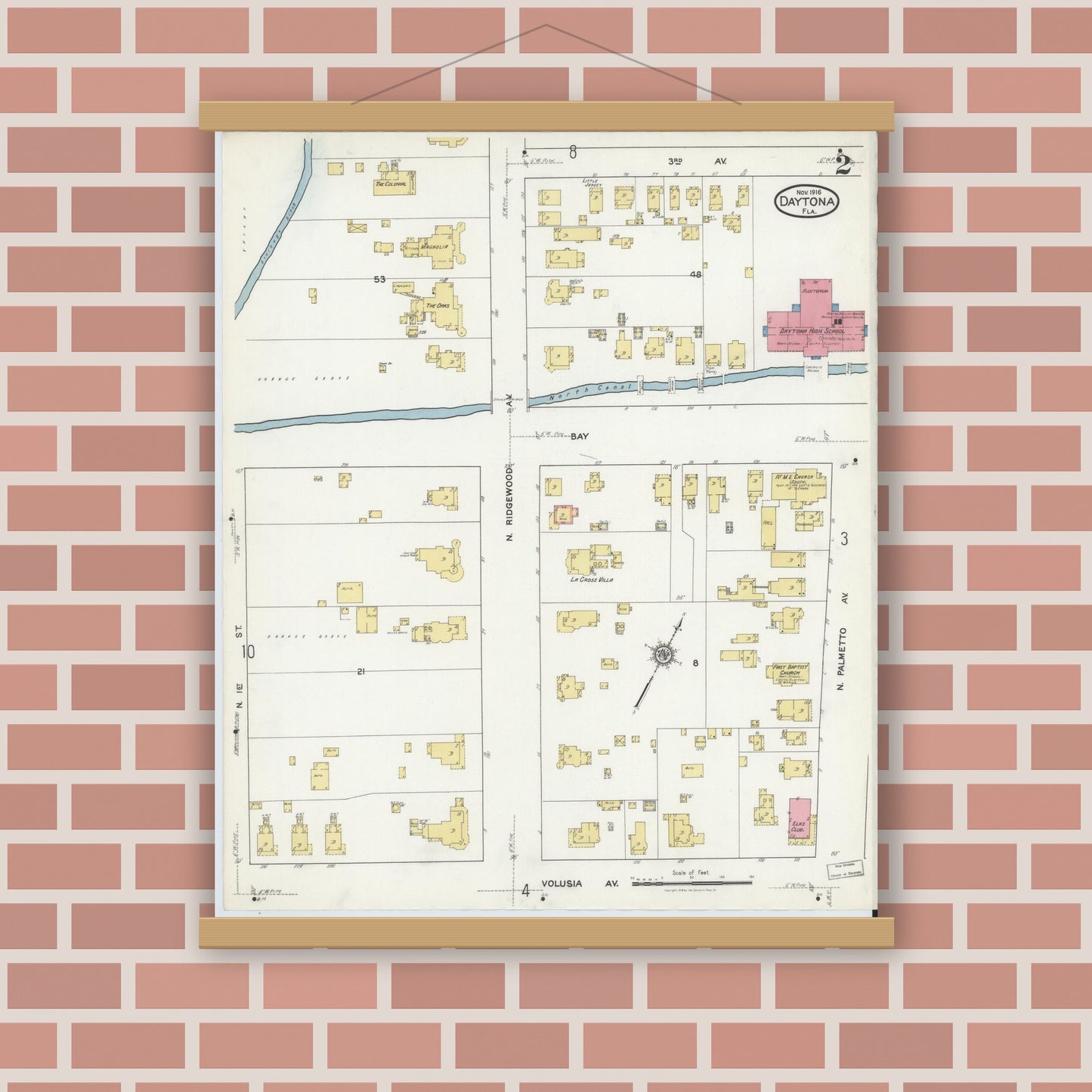 Old map wall art mockup — magnetic wood frame on brick wall — Sanborn Fire Insurance Map from Daytona, Volusia County, Florida (1916), Sheet #0002