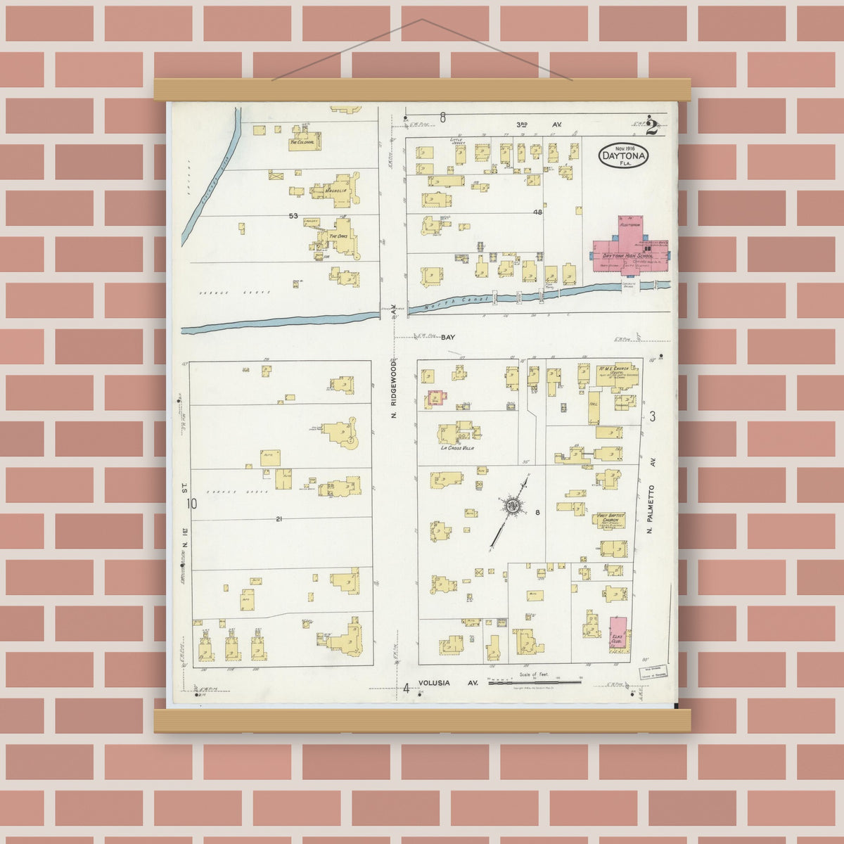 Old map wall art mockup — magnetic wood frame on brick wall — Sanborn Fire Insurance Map from Daytona, Volusia County, Florida (1916), Sheet #0002