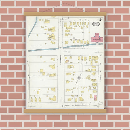Old map wall art mockup — magnetic wood frame on brick wall — Sanborn Fire Insurance Map from Daytona, Volusia County, Florida (1916), Sheet #0002