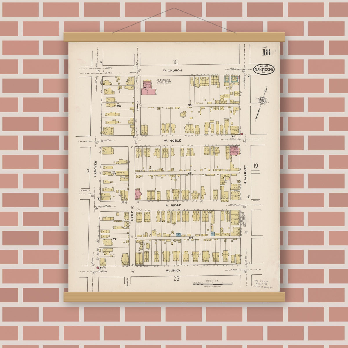 Old map wall art mockup — magnetic wood frame on brick wall — Sanborn Fire Insurance Map from Nanticoke, Luzerne County, Pennsylvania (1920), Sheet #0018