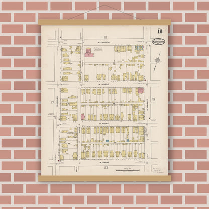 Old map wall art mockup — magnetic wood frame on brick wall — Sanborn Fire Insurance Map from Nanticoke, Luzerne County, Pennsylvania (1920), Sheet #0018