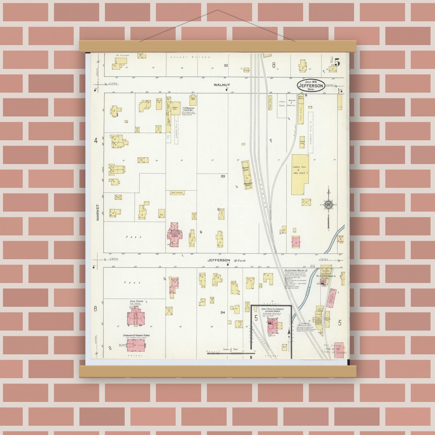 Old map wall art mockup — magnetic wood frame on brick wall — Sanborn Fire Insurance Map from Jefferson, Ashtabula County, Ohio (1915), Sheet #0005