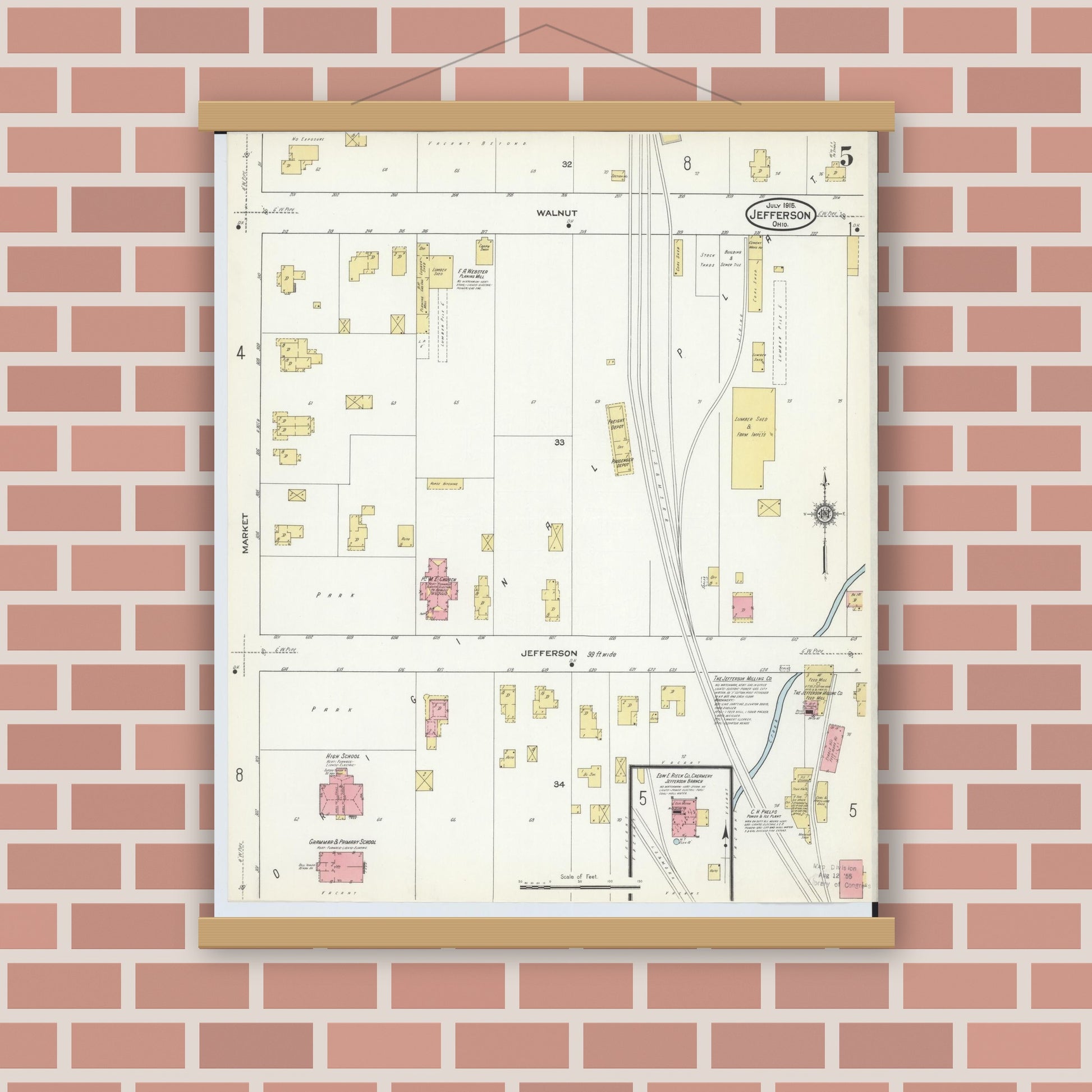 Old map wall art mockup — magnetic wood frame on brick wall — Sanborn Fire Insurance Map from Jefferson, Ashtabula County, Ohio (1915), Sheet #0005