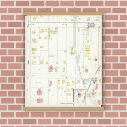 Old map wall art mockup — magnetic wood frame on brick wall — Sanborn Fire Insurance Map from Jefferson, Ashtabula County, Ohio (1915), Sheet #0005