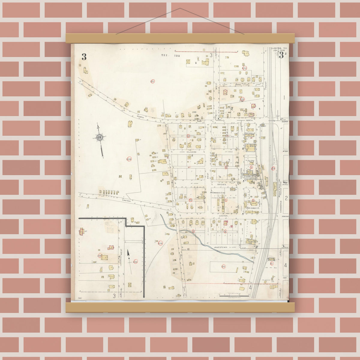 Old map wall art mockup — magnetic wood frame on brick wall — Sanborn Fire Insurance Map from Overton, Rusk County, Texas (1939), Sheet #0003