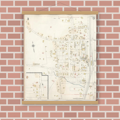 Old map wall art mockup — magnetic wood frame on brick wall — Sanborn Fire Insurance Map from Overton, Rusk County, Texas (1939), Sheet #0003