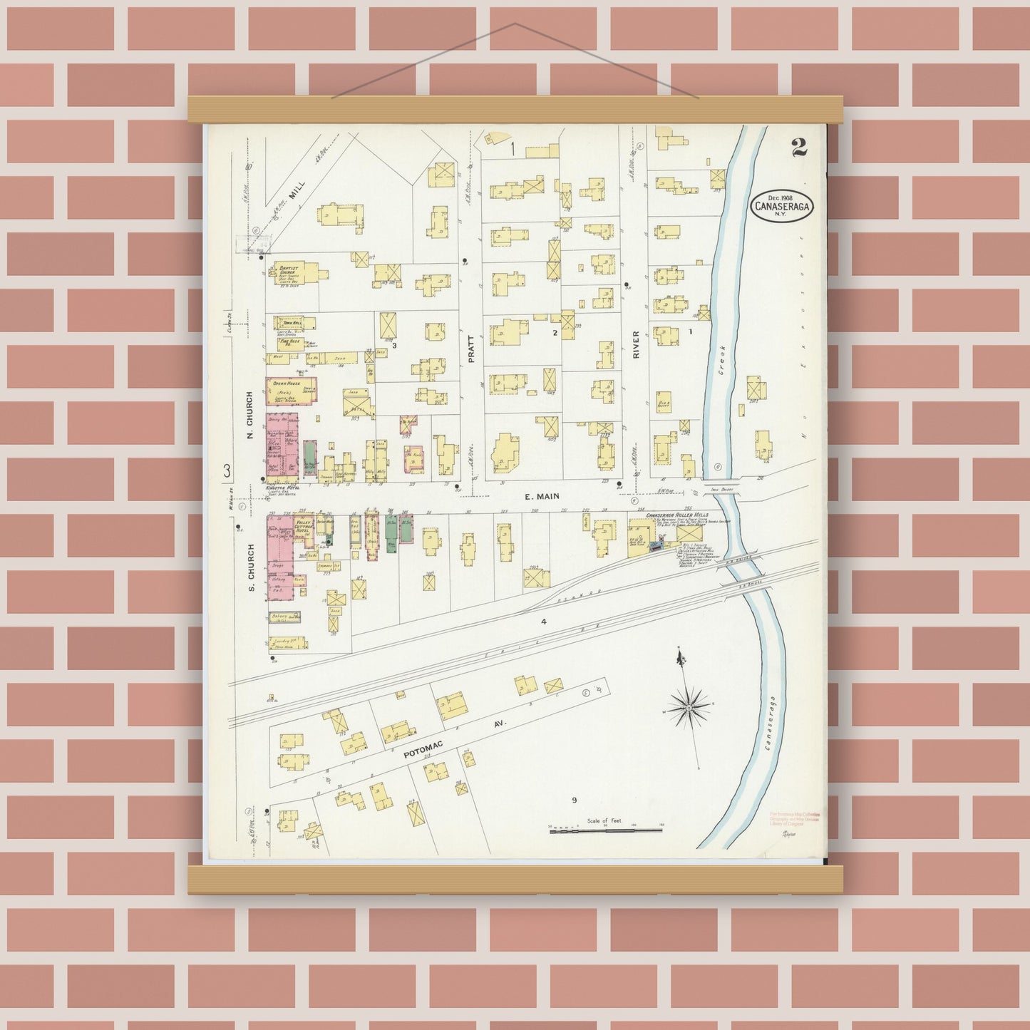 Old map wall art mockup — magnetic wood frame on brick wall — Sanborn Fire Insurance Map from Canaseraga, Allegany County, New York (1908), Sheet #0002