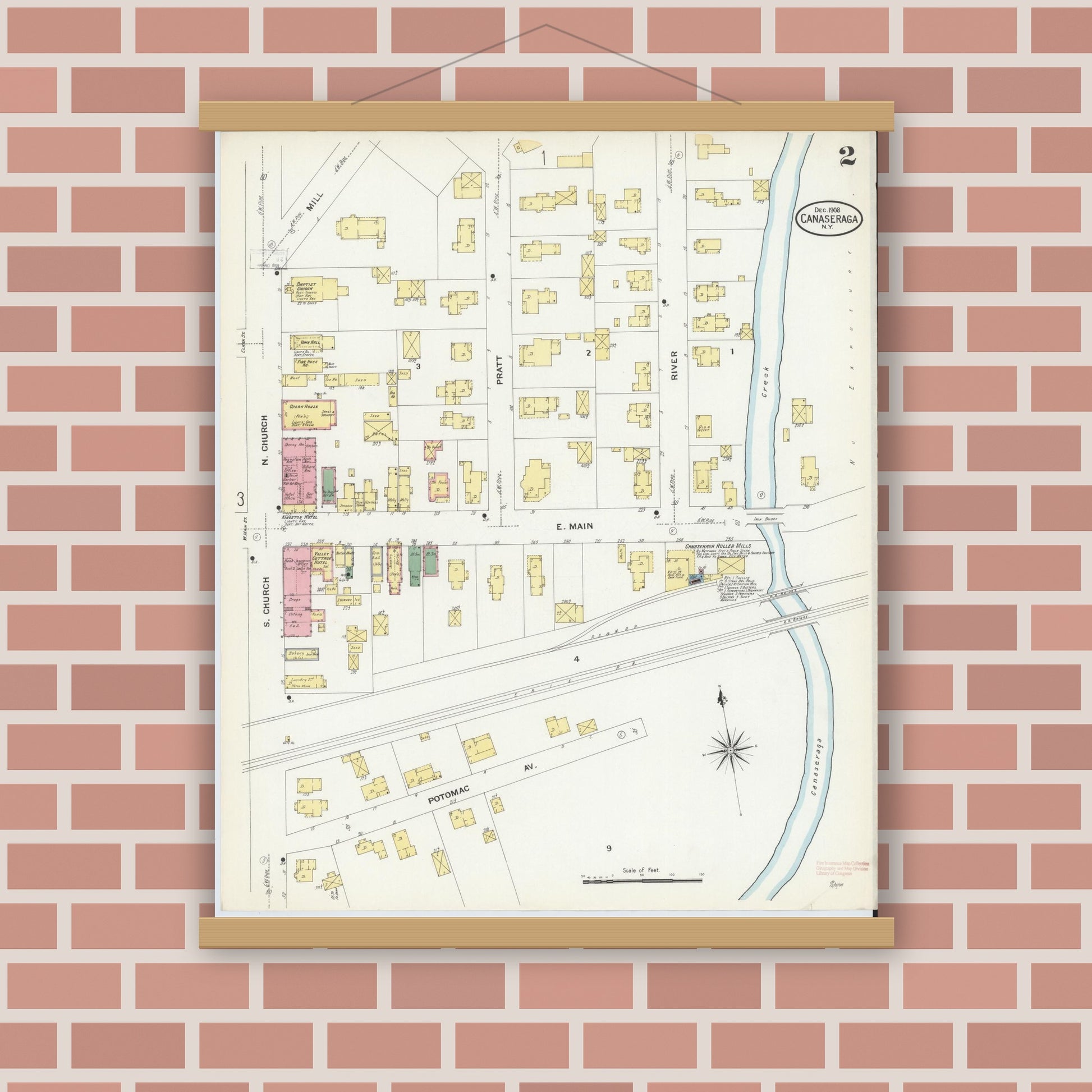 Old map wall art mockup — magnetic wood frame on brick wall — Sanborn Fire Insurance Map from Canaseraga, Allegany County, New York (1908), Sheet #0002