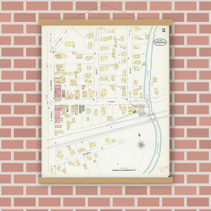 Old map wall art mockup — magnetic wood frame on brick wall — Sanborn Fire Insurance Map from Canaseraga, Allegany County, New York (1908), Sheet #0002