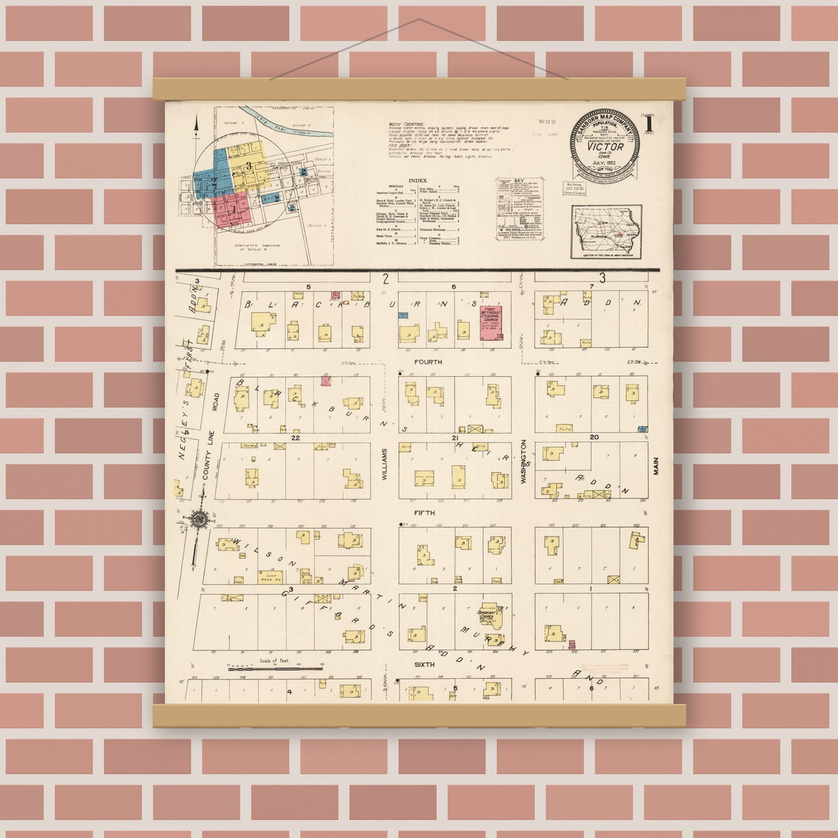 Old map wall art mockup — magnetic wood frame on brick wall — Sanborn Fire Insurance Map from Victor, Iowa County, Iowa (1922) â€” Complete Set
