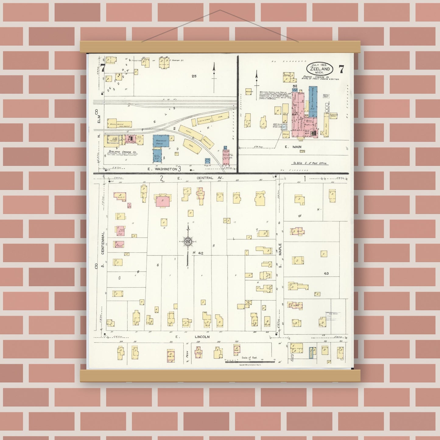 Old map wall art mockup — magnetic wood frame on brick wall — Sanborn Fire Insurance Map from Zeeland, Ottawa County, Michigan (1923), Sheet #0007